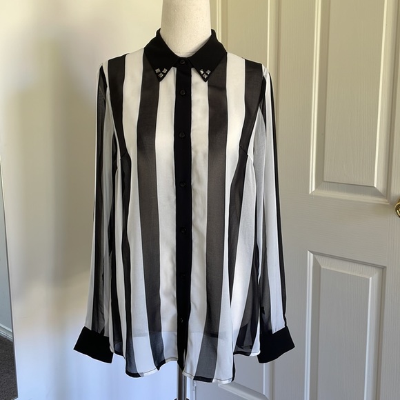 Black Friday Tops - BLACK FRIDAY black + white striped sheer top +collar stud detailing